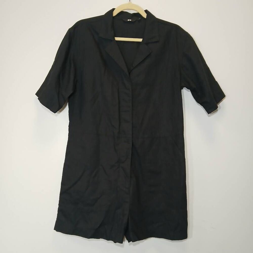 Uniqlo womens medium linen rayon cotton romper shortall black overall